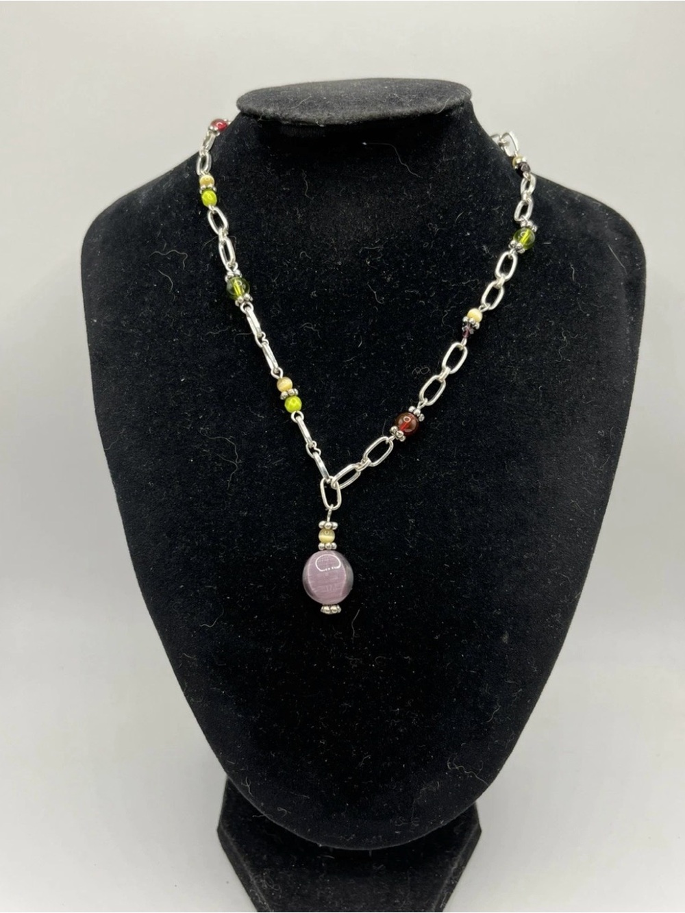 Cats Eye Glass Multicolored Beaded Necklace Silver Tone 17”